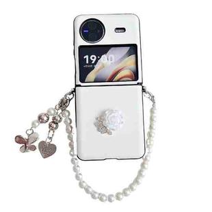 For vivo X Flip Leather Texture 3D Rose Side Buckle Full Coverage Shockproof Phone Case with Pearl Bracelet(White)