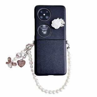 For Huawei Pocket 2 Leather Texture 3D Rose Side Buckle Full Coverage Shockproof Phone Case with Pearl Bracelet(Black)