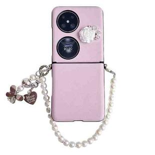 For Huawei P50 Leather Texture 3D Rose Side Buckle Full Coverage Shockproof Phone Case with Pearl Bracelet(Pink)