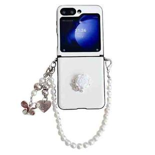 For Samsung Galaxy Z Flip5 5G Leather Texture 3D Rose Side Buckle Full Coverage Shockproof Phone Case with Pearl Bracelet(White)