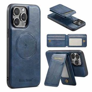 For iPhone 15 Pro Max Fierre Shann Oil Wax Cow Leather Magnetic Card Holder Phone Case(Blue)