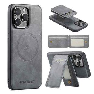 For iPhone 12 Pro Max Fierre Shann Oil Wax Cow Leather Magnetic Card Holder Phone Case(Grey)