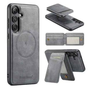 For Samsung Galaxy S23 FE 5G Fierre Shann Cowhide Vertical Flip Magnetic Card Holder Phone Case(Grey)