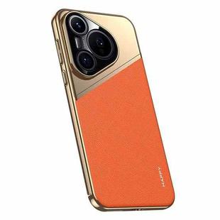 For Huawei Pura 70 Plain Leather Electroplated PC Frame Phone Case(Orange)