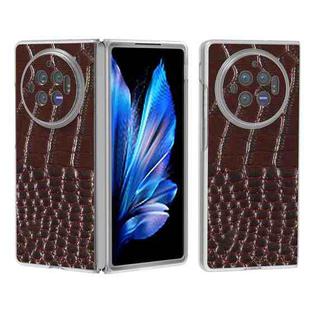 For vivo X Fold3 Frosted Transparent Edge Genuine Leather Crocodile Pattern Phone Case(Coffee)
