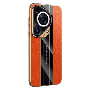 For Huawei Pura 70 Ultra Electroplated Paint Hybrid Frame Genuine Leather Phone Case(Orange)