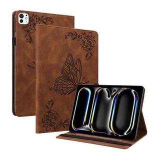 For iPad Pro 11 2024 Butterfly Flower Embossed Leather Tablet Case(Brown)