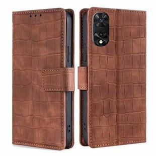 For TCL 505 4G Skin Feel Crocodile Magnetic Clasp Leather Phone Case(Brown)