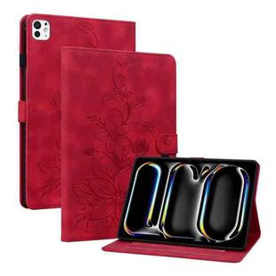 For iPad Pro 11 2024 Lily Embossed Leather Smart Tablet Case(Red)