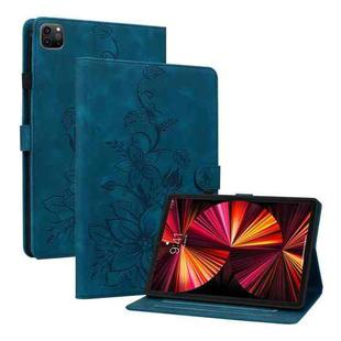 For iPad Pro 12.9 2022 / 2021 / 2020 Lily Embossed Leather Smart Tablet Case(Dark Blue)