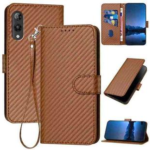 For Rakuten Hand YX0070 Carbon Fiber Buckle Leather Phone Case with Lanyard(Coffee)
