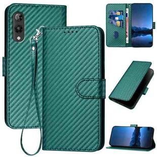 For Rakuten Hand YX0070 Carbon Fiber Buckle Leather Phone Case with Lanyard(Dark Green)