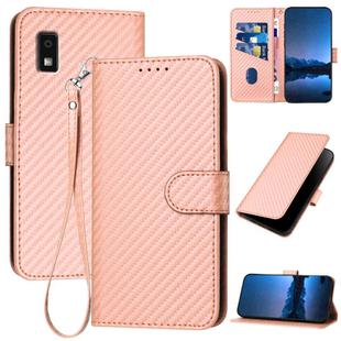 For Sharp Aquos Wish3 YX0070 Carbon Fiber Buckle Leather Phone Case with Lanyard(Pink)