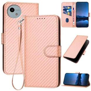 For Sharp Aquos wish5 YX0070 Carbon Fiber Buckle Leather Phone Case with Lanyard(Pink)