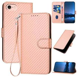 For iPhone SE 2024 YX0070 Carbon Fiber Buckle Leather Phone Case with Lanyard(Pink)