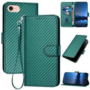 For iPhone SE 2024 YX0070 Carbon Fiber Buckle Leather Phone Case with Lanyard(Dark Green)