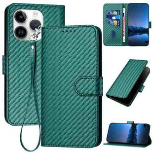 For iPhone 15 Pro YX0070 Carbon Fiber Buckle Leather Phone Case with Lanyard(Dark Green)