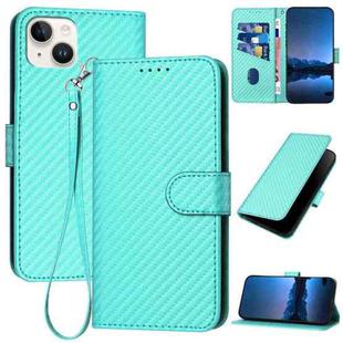 For iPhone 15 Plus YX0070 Carbon Fiber Buckle Leather Phone Case with Lanyard(Light Blue)