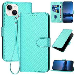 For iPhone 15 YX0070 Carbon Fiber Buckle Leather Phone Case with Lanyard(Light Blue)