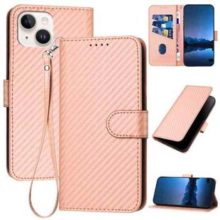 For iPhone 15 YX0070 Carbon Fiber Buckle Leather Phone Case with Lanyard(Pink)