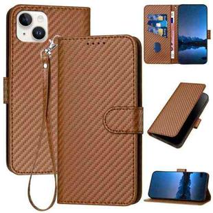 For iPhone 14 Plus YX0070 Carbon Fiber Buckle Leather Phone Case with Lanyard(Coffee)