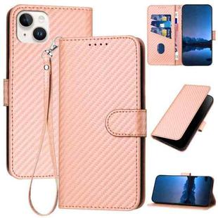 For iPhone 14 Plus YX0070 Carbon Fiber Buckle Leather Phone Case with Lanyard(Pink)