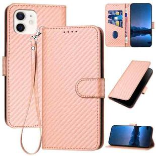 For iPhone 12 / 12 Pro YX0070 Carbon Fiber Buckle Leather Phone Case with Lanyard(Pink)