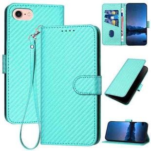 For iPhone SE 2022 / SE 2020 / 8 / 7 YX0070 Carbon Fiber Buckle Leather Phone Case with Lanyard(Light Blue)