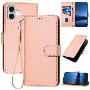 For iPhone 16 Plus YX0070 Carbon Fiber Buckle Leather Phone Case with Lanyard(Pink)