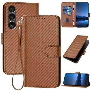 For Sony Xperia 1 VII YX0070 Carbon Fiber Buckle Leather Phone Case with Lanyard(Coffee)
