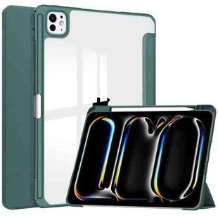 For iPad Pro 13 2024 Pure Color 3-fold Clear TPU Smart Leather Tablet Case(Dark Green)