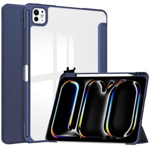For iPad Pro 13 2024 Pure Color 3-fold Clear TPU Smart Leather Tablet Case(Dark Blue)