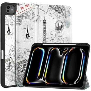 For iPad Pro 13 2024 Custer Painted 3-Fold Holder Smart Leather Tablet Case with Pen Tray(Eiffel Tower)