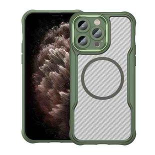 For iPhone 11 Pro Max Carbon Fiber Texture MagSafe Translucent Phone Case(Green)