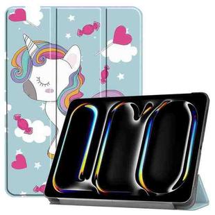 For iPad Pro 11 2024 Custer Painted 3-Fold Holder Smart Leather Tablet Case with Pen Tray(Unicorn)