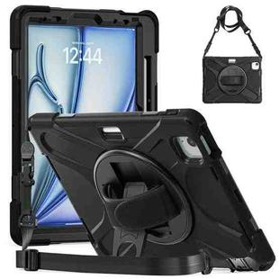 For iPad Air 11 2024 Rotatable Holder Silicone Hybrid PC Tablet Case with Shoulder Strap(Black)