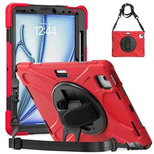 For iPad Air 11 2024 Rotatable Holder Silicone Hybrid PC Tablet Case with Shoulder Strap(Red)