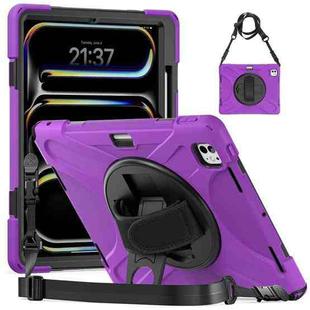 For iPad Pro 13 2024 Rotatable Holder Silicone Hybrid PC Tablet Case with Shoulder Strap(Purple)