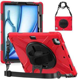 For iPad Air 13 2024 Rotatable Holder Silicone Hybrid PC Tablet Case with Shoulder Strap(Red)