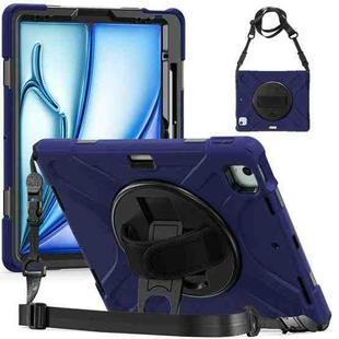 For iPad Air 13 2024 Rotatable Holder Silicone Hybrid PC Tablet Case with Shoulder Strap(Navy Blue)