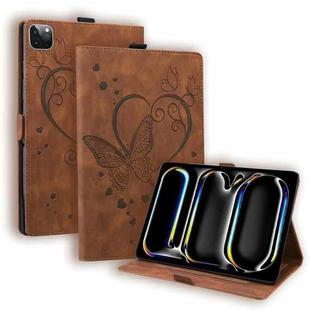 For iPad Pro 11 2024 Love Butterfly Embossed Leather Tablet Case(Brown)