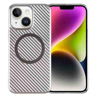 For iPhone 14 Plus 6D Plated Carbon Fiber Clear Magsafe PC Phone Case(Titanium Grey)