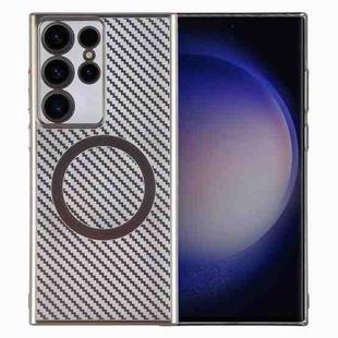 For Samsung Galaxy S23 Ultra 5G 6D Plated Carbon Fiber Clear Magsafe PC Phone Case(Titanium Grey)