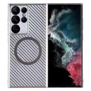 For Samsung Galaxy S22 Ultra 5G 6D Plated Carbon Fiber Clear Magsafe PC Phone Case(Starlight Silver)