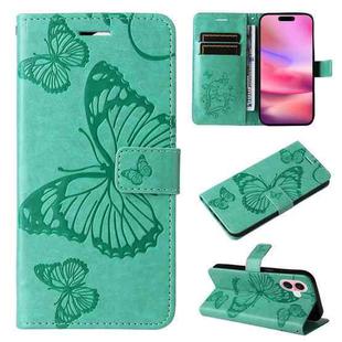 For iPhone 16 3D Butterfly Embossed Pattern Flip Leather Phone Case(Green)