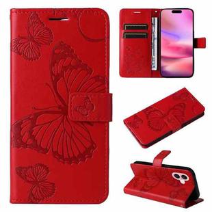For iPhone 16 3D Butterfly Embossed Pattern Flip Leather Phone Case(Red)