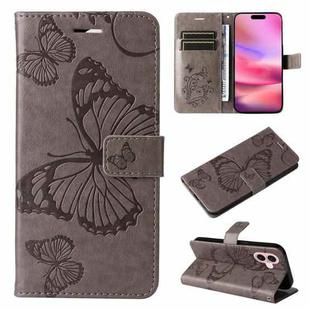 For iPhone 16 3D Butterfly Embossed Pattern Flip Leather Phone Case(Grey)