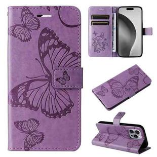 For iPhone 16 Pro Max 3D Butterfly Embossed Pattern Flip Leather Phone Case(Purple)