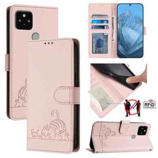 For Google Pixel 5 Cat Rat Embossed Pattern RFID Leather Phone Case with Lanyard(Pink)