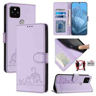 For Google Pixel 5 Cat Rat Embossed Pattern RFID Leather Phone Case with Lanyard(Purple)